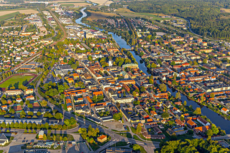 aerial photo, aerial photo, aerial photos, aerial photos, Arboga, Arbogaån, church, churches, drone aerial, drönarfoto, evening light, Heliga Trefaldighet, städer, Västmanland