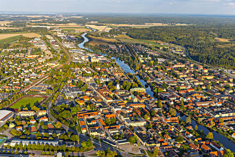 aerial photo, aerial photo, aerial photos, aerial photos, Arboga, Arbogaån, church, churches, drone aerial, drönarfoto, evening light, Heliga Trefaldighet, städer, Västmanland