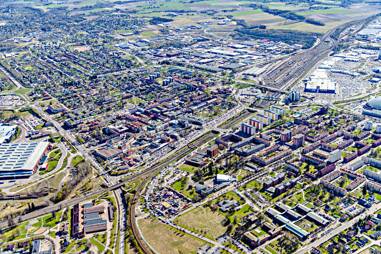aerial photo, aerial photo, aerial photos, aerial photos, banvall, Borlänge, Dalarna, drone aerial, drönarfoto, järnvägsknut, spring, städer