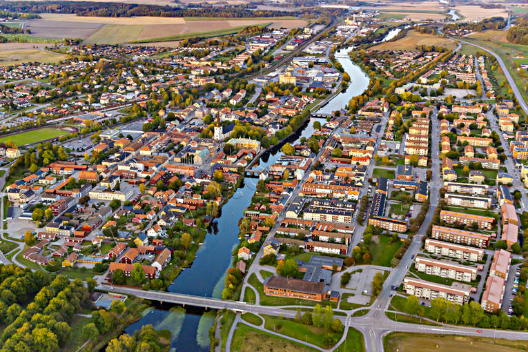 aerial photo, aerial photo, aerial photos, aerial photos, Arboga, Arbogaån, bridges, drone aerial, drönarfoto, evening light, städer, summer, Västmanland