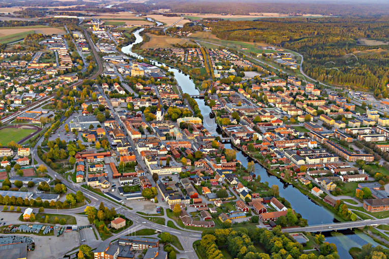 aerial photo, aerial photo, aerial photos, aerial photos, Arboga, Arbogaån, drone aerial, drönarfoto, evening light, städer, summer, Västmanland