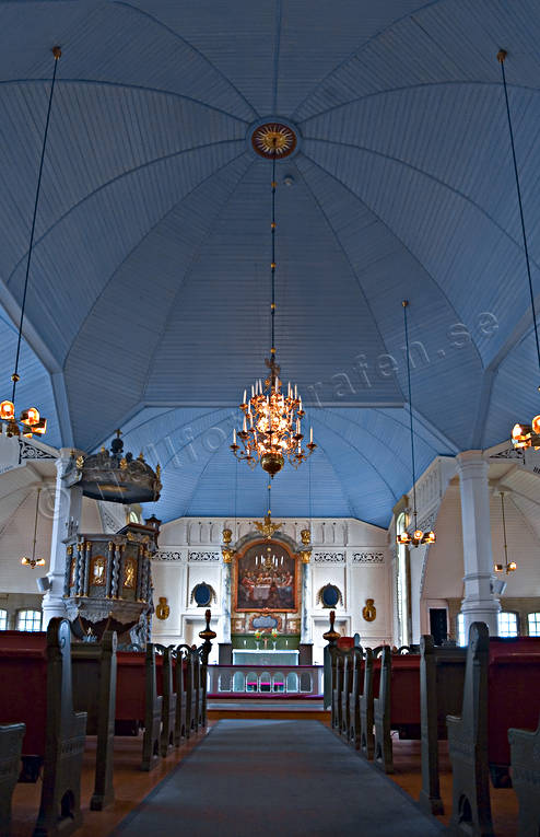 altar, Arjeplog, buildings, church, churches, Lapland, ljuskrona, wood church