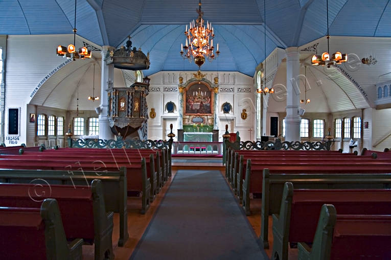 altar, Arjeplog, buildings, church, churches, Lapland, ljuskrona, wood church