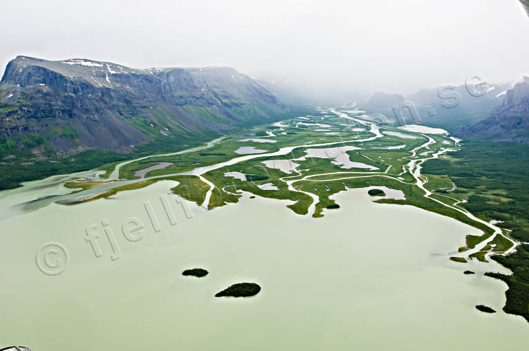 aerial photo, aerial photo, aerial photos, aerial photos, drone aerial, drnarfoto, fog, jkelvatten, Laitaure, landscapes, Lapland, national park, national parks, participate landscape, participate landscape, Rapa Valley, Rapatno, Sarek, summer