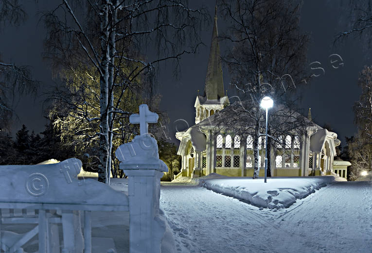 buildings, church, churches, Jokkmokk, Jokkmokks kyrka, kors, kyrkbyggnad, Lapland, night picture image, samhllen, viunterbild