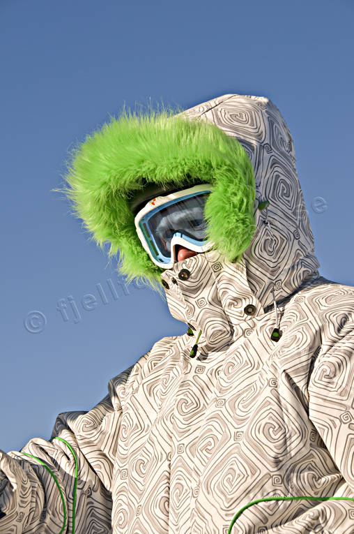 cold, cold, down-hill running, fur, fur trim, green, playtime, skier, sport, winter