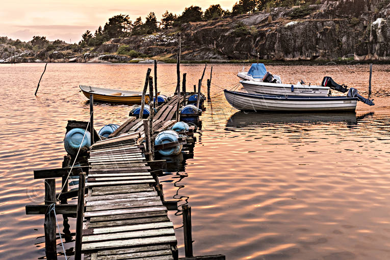 boat, Bohuslän, bridge, communications, lake, Långekärr, old, sea, seasons, summer, sunset, water