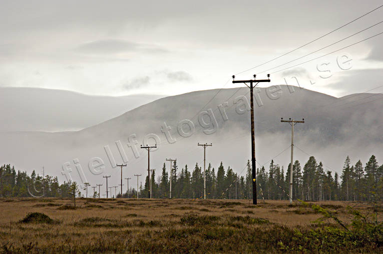 autumn, bog soils, cables, Drommen, electric cables, electricity pylon, fog, Jamtland, mire, mountain, Oviksfjallen, power line, season, seasons