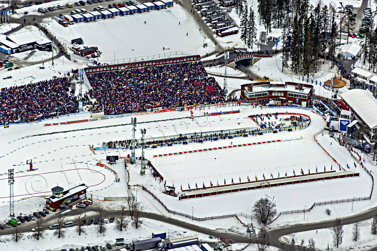 aerial photo, aerial photo, aerial photos, aerial photos, audience, biathlon, drone aerial, drönarfoto, Jamtland, Ostersund, ski stadium, städer, tävlingsarena, VM 2008, winter