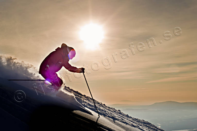 down-hill running, fresh snow, loose snow, offpist, playtime, skier, sport, sunset, winter, ventyr