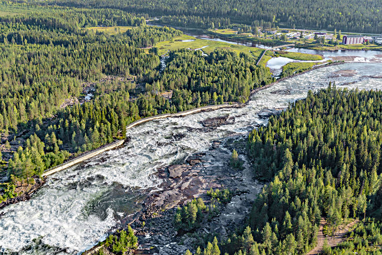 aerial photo, aerial photo, aerial photos, aerial photos, attractions, drone aerial, drnarfoto, fall, hotell, installations, landscapes, North Bothnia, Pite river, rapids, Storforsen, stream, turistattraktion, Varjisn, water fall