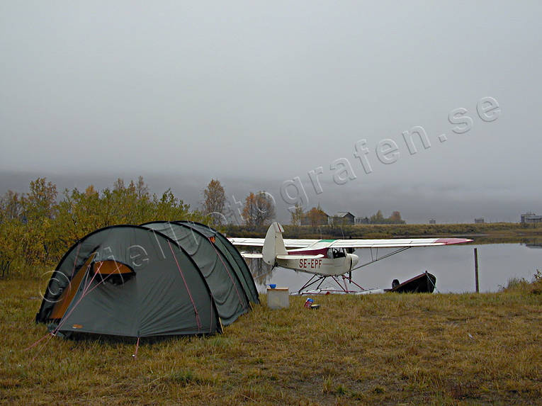 Ammarnas, aviation, camping, communications, fly, fog, grey day, seaplane, seaplane, Super Cub, tent, tenting, Vindel river