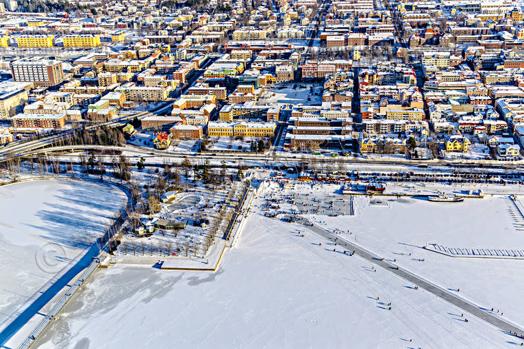 aerial photo, aerial photo, aerial photos, aerial photos, Badhusparken, drone aerial, drnarfoto, harbour, Jamtland, Ostersund, skridskobana, stder, tail-wind, winter, winter town