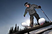 backlight, blue sky, boy, children, down-hill running, jibb, jibbing, jump, offpist, playtime, rail, rail, skier, skies, skiing, sport, sun, winter