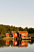 boat-houses, buildings, coast, fishing cabins, house, lake, nature, sea, spegelbild, Vstergtland