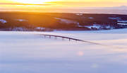 aerial photo, aerial photo, aerial photos, aerial photos, ambience, ambience pictures, atmosphere, bridge, bridges, drone aerial, drnarfoto, evening, fog, foggy, Great Lake, ground fog, Jamtland, Ostersund, season, seasons, stder, Vallsund Bridge, Vallsundet, winter