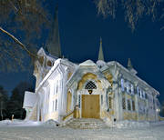 buildings, cemetery, church, churches, Jokkmokk, Jokkmokks kyrka, kyrkbyggnad, Lapland, night picture image, samhällen, viunterbild