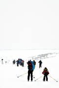 backcountry skiers, down-hill running, fog, playtime, ski touring, skier, skies, skiing, sport, storm, track, winter