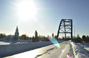 bridge, bridge, church, church, churches, community, Lapland, samhllen, Sorsele, Vindel river, winter