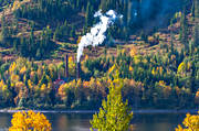 chimney, district-heating, long-distance heating, emission, environment, installations, Jamtland, lake, nature, smoke, thermal power station, woodland